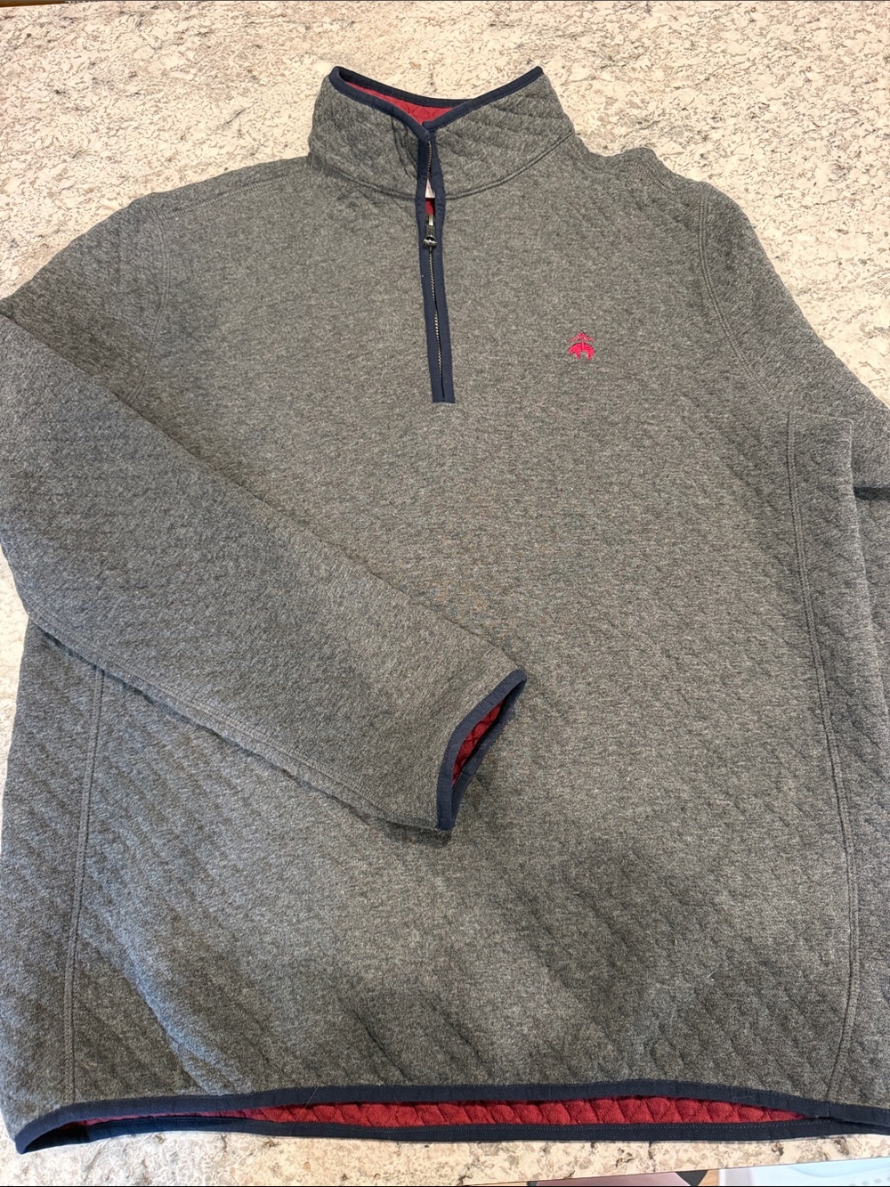 Brooks Brothers Gray Quilted Half-Zip Sweater with Navy Trim and Red Logo